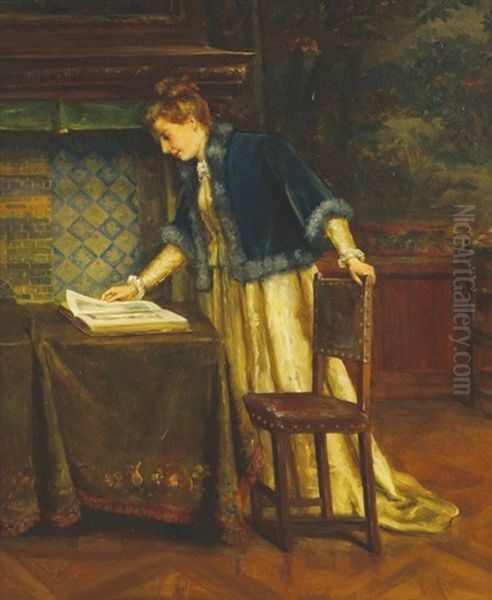 Young Lady In An Interior Reading A Book, Wearing A Velvet Ermine Cloak And Silk Dress by Sarah Henrietta Purser