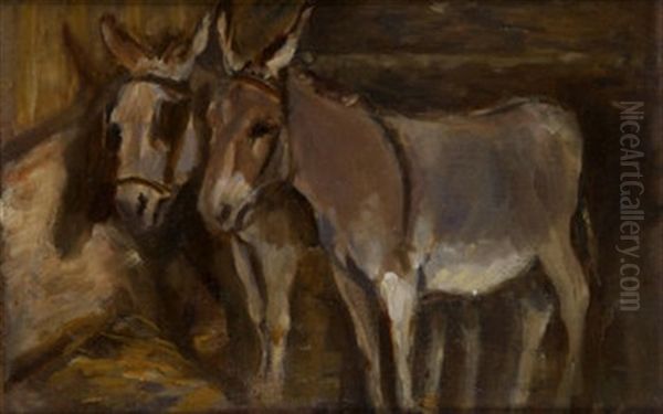 Donkeys In The Stable (+ Donkey Study, Verso) Oil Painting by Sarah Henrietta Purser