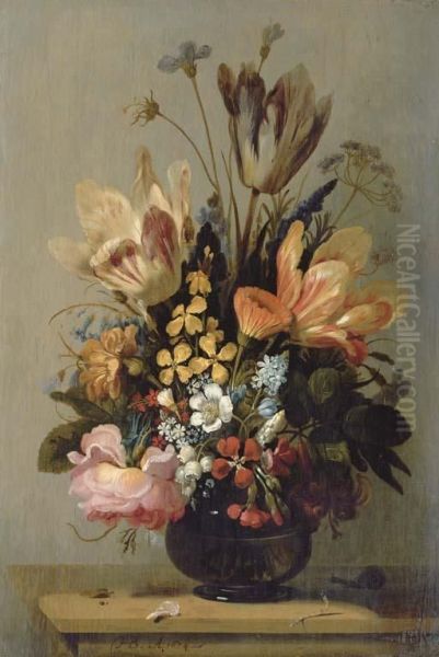 Tulips, A Rose, Bluebells And Other Flowers In A Glass Vase On Awooden Ledge, With A Snail And A Caterpillar Oil Painting by Hans Bollongier