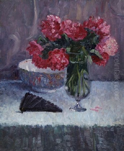 Roses In A Glass Vase Oil Painting by Sarah Henrietta Purser