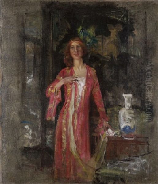 The Model Kathleen Kearney In Red Evening Dress Oil Painting by Sarah Henrietta Purser