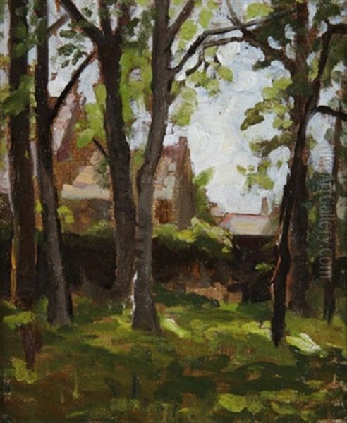 View Of Farm Buildings Through Trees Oil Painting by Sarah Henrietta Purser