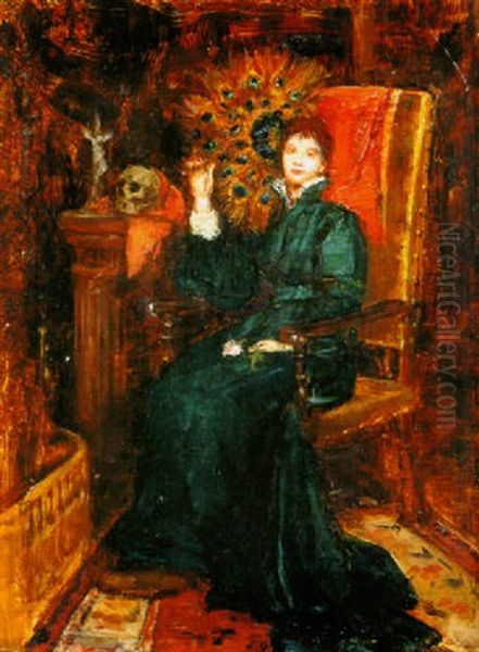 Woman With A Peacock Feather Fan Oil Painting by Sarah Henrietta Purser