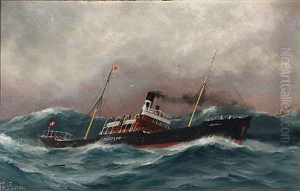 The Cargo Steamer Absalon In Rough Seas Oil Painting by T.G. Purvis