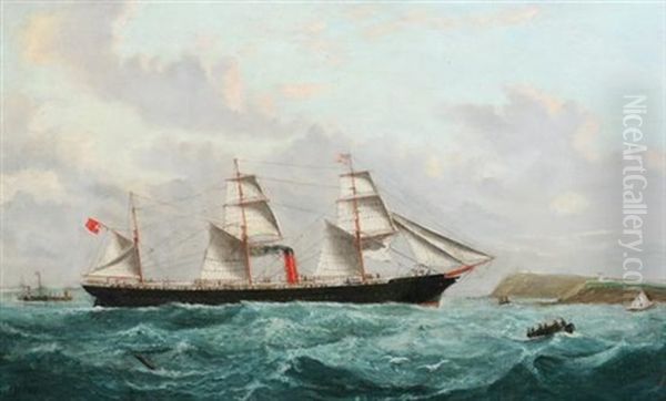 Three-masted Steam Sacht Off Coast Oil Painting by T.G. Purvis