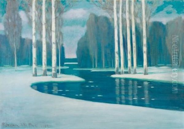 Birch Trees By A River Oil Painting by Vilhelms Purvitis