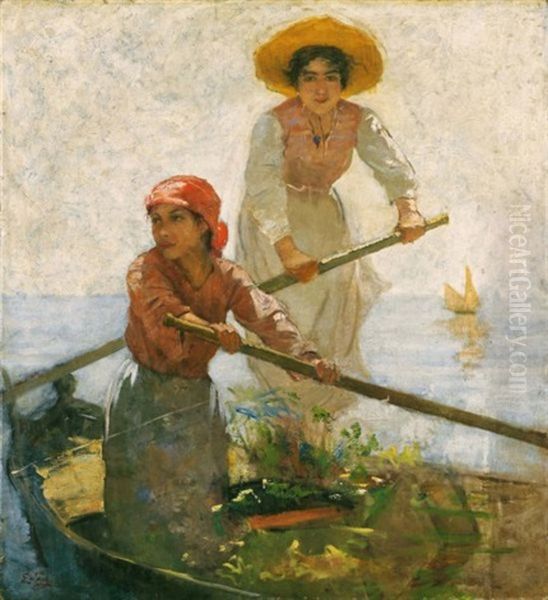 Barque Avec Deux Jeunes Filles (boat With Two Young Girls) Oil Painting by Edmond Jean de Pury