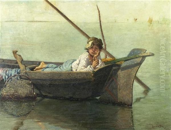 Fischerjunge In Einem Boot Mit Der Silhouette Von Venedig Im Hintergrund Oil Painting by Edmond Jean de Pury