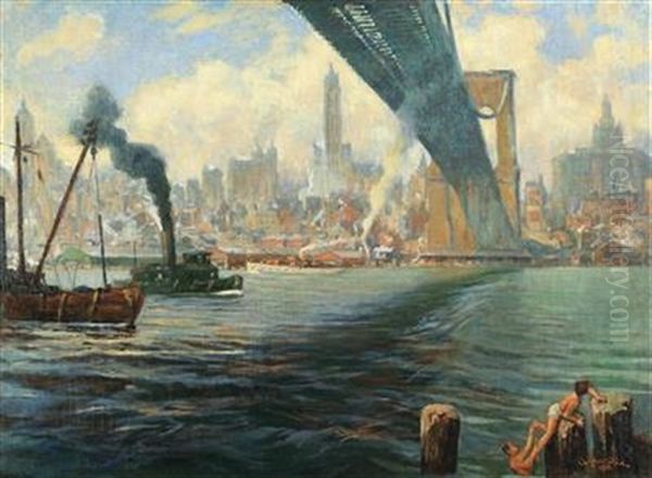 The Brooklyn Bridge Oil Painting by Attilio Pusterla