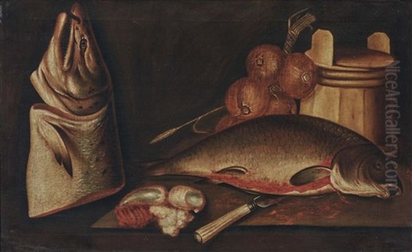 A Still Life With Fish And Onions Oil Painting by Pieter de Putter