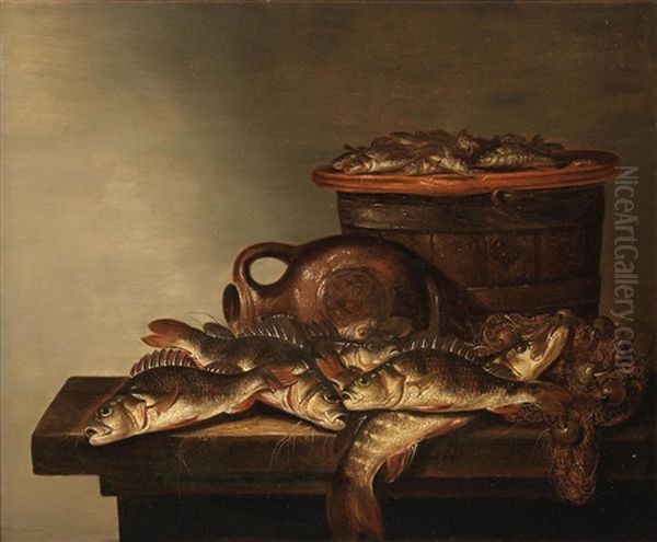 Fish, A Fishing Basket And Net On A Table-top Oil Painting by Pieter de Putter