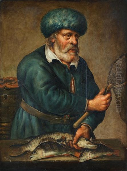 A Fishmonger Oil Painting by Pieter de Putter