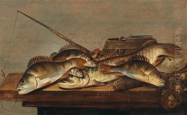 A Still Life With Fish And Fishing Utensils On A Table Oil Painting by Pieter de Putter