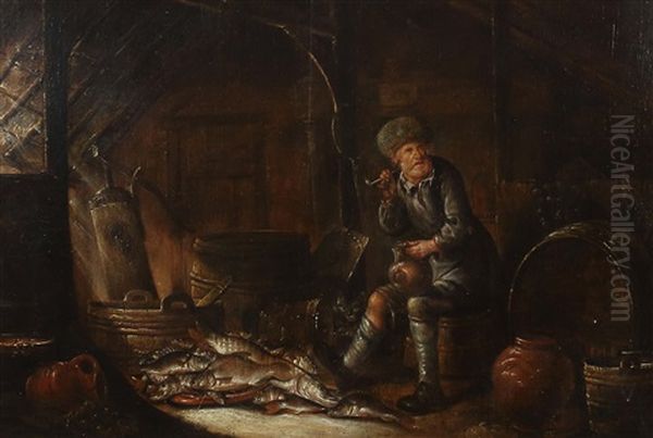 Pfeiferauchender In Einer Fischerstube Oil Painting by Pieter de Putter