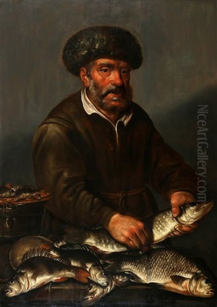 Visser Met Een Snoek In Zijn Handen En Met Brasem, Baars En Andere Zoetwatervissen Op Een Tafel En Vissersvrouw Met Snoek, Baars En Andere Zoetwatervissen Op Een Tafel (pair) Oil Painting by Pieter de Putter