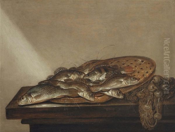 Various Fish On A Terra-cotta Strainer, Together With A Fishing Net On A Table Oil Painting by Pieter de Putter