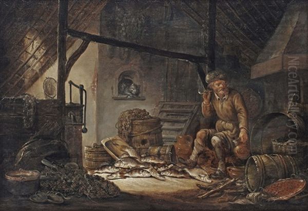 A Barn Interior With A Seated Fisherman Smoking And Drinking, Various Fish At His Feet Oil Painting by Pieter de Putter