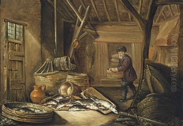 A Fishermen In His Cottage With His Catch Of Fish Oil Painting by Pieter de Putter