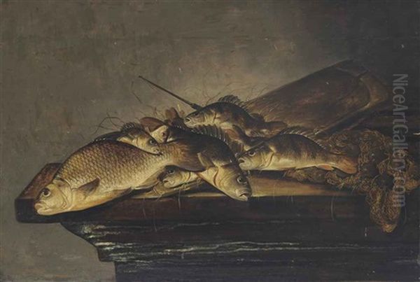 Fish, A Fishing Pole, A Fishing Basket And Nets On A Wooden Table Oil Painting by Pieter de Putter