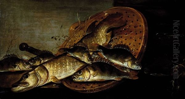 Stillleben Mit Hecht, Barschen Und Einem Fischersieb, Arrangiert Auf Einem Tisch by Pieter de Putter