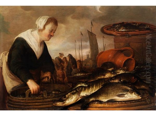 Fischersfrau Mit Grossem Fischbottich Und Ausgelegten Fischen Neben Tonkrug Und Fischkasten Oil Painting by Pieter de Putter