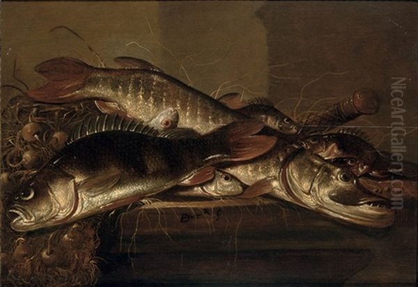 A Pike, Perch And Various Other Fish Together With Onions On A Table Oil Painting by Pieter de Putter