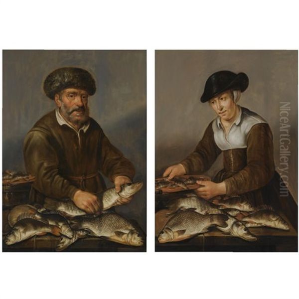 A Fisherman Holding A Pike, With Bream, Perch And Other Freshwater Fish On A Table (+ A Fisherwoman Smoking Fish, With A Pike, Bream And Other Freshwater Fish On A Table; 2 Works) Oil Painting by Pieter de Putter