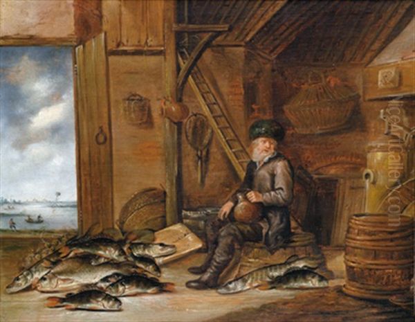 Ein Fischer Mit Einem Bierkrug In Seiner Hutte Oil Painting by Pieter de Putter