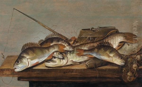 Stillleben Mit Fischen, Angel Und Netz Auf Einer Groben Tischplatte Oil Painting by Pieter de Putter