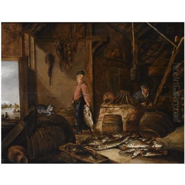 A Fisherman In His Barn With Fresh-water Fish, A Woman In The Background, A Cat Playing With A Fish On A Barrel In The Foreground Oil Painting by Pieter de Putter