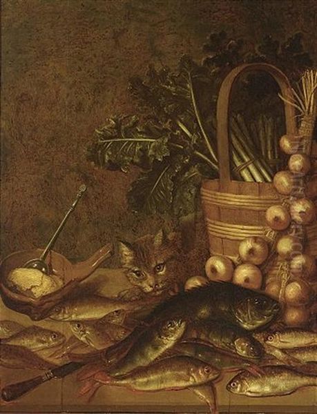 A Still Life With Fresh-water Fish, A Basket With Asparagus, Onions, Lettuce, A Knife And A Bowl With Butter And A Spoon, All On A Wooden Ledge Together With A Cat Oil Painting by Pieter de Putter