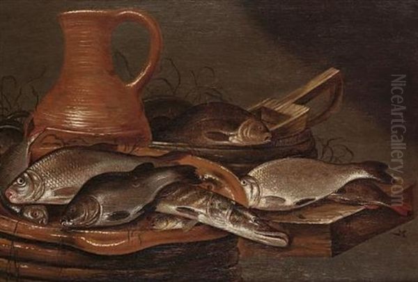 A Pike, Carp, And Other Fish On An Earthernware Plate With A Jug On A Table Top Oil Painting by Pieter de Putter