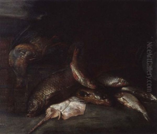 Stillleben Mit Fischen, Taube, Spankorb Und Obst Oil Painting by Pieter de Putter