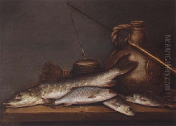 A Still Life With A Pike And A Perch Together With A Stoneware Jug And A Fishing Line On A Table Oil Painting by Pieter de Putter