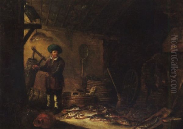 A Fishmonger In His Shop Oil Painting by Pieter de Putter