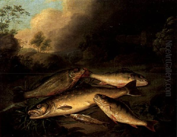 Fischstilleben In Einer Landschaft Oil Painting by Pieter de Putter