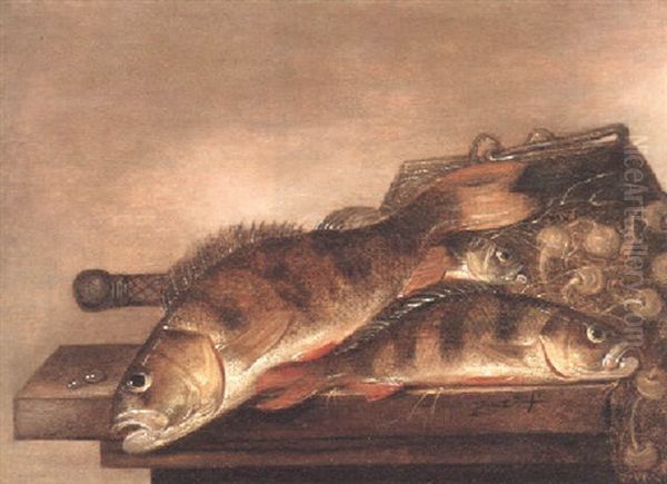 Still Life Of Sea Bream, A Fishing Basket And Nets On A Table Oil Painting by Pieter de Putter