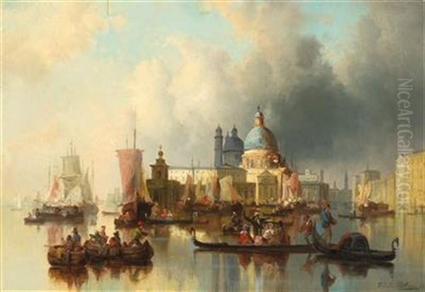 Venice - Hustle And Bustle By The Punta Della Dogana And Santa Maria Della Salute Oil Painting by Josef Karl Berthold Puettner