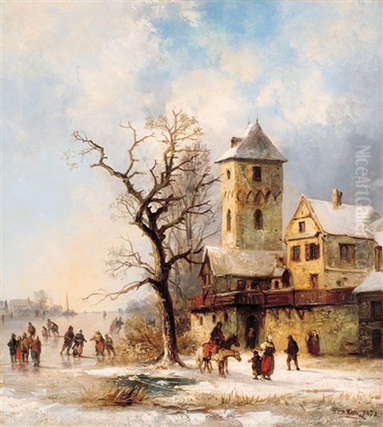 Ice-skaters Oil Painting by Josef Karl Berthold Puettner