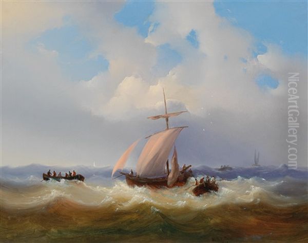 Sailing Ship In Stormy Seas Oil Painting by Josef Karl Berthold Puettner