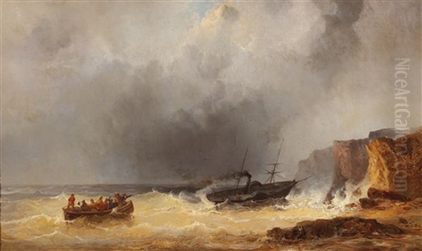 Steamship In Distress At Sea By A Rocky Coast Oil Painting by Josef Karl Berthold Puettner