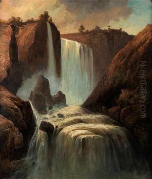 Gebirgslandschaft Mit Wasserfall Oil Painting by Josef Karl Berthold Puettner