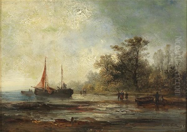 Boats On The Lake Shore Oil Painting by Josef Karl Berthold Puettner