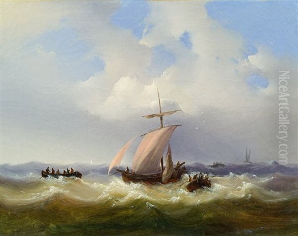 Ships On Stormy Sea Oil Painting by Josef Karl Berthold Puettner