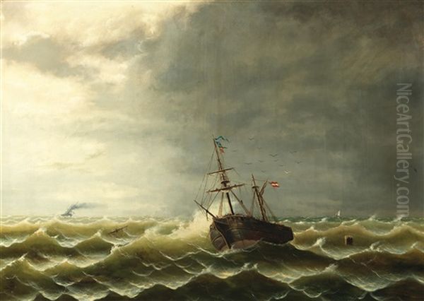 Schiffe Auf Bewegter See Oil Painting by Josef Karl Berthold Puettner