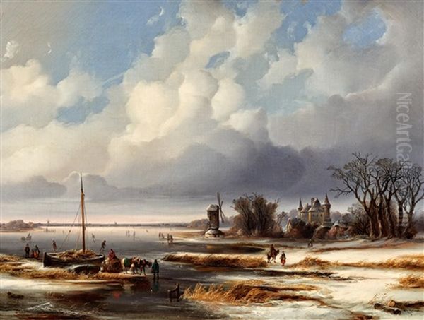 Vereiste Hollandische Winterlandschaft Oil Painting by Josef Karl Berthold Puettner