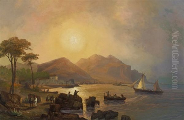 Fischer Am Strand Von Palermo, Im Hintergrund Der Monte Pellegrino by Josef Karl Berthold Puettner