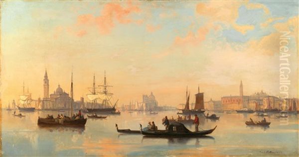 In Der Lagune Von Venedig Mit Blick Auf San Giorgio Maggiore, Santa Maria Della Salute Und Den Dogenpalast Mit Campanile Oil Painting by Josef Karl Berthold Puettner