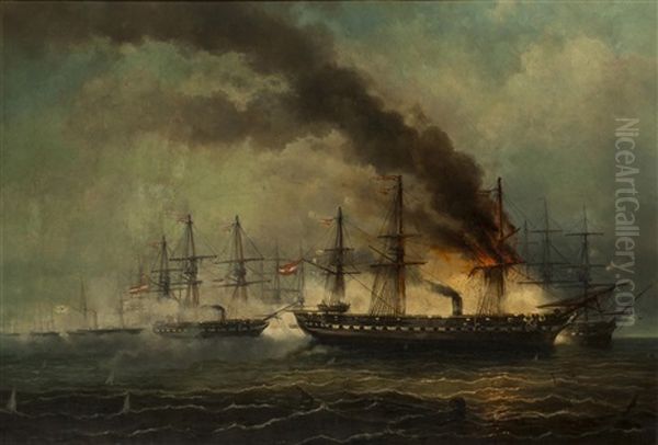 Schlacht Bei Helgoland Am 9. Mai 1864 Oil Painting by Josef Karl Berthold Puettner