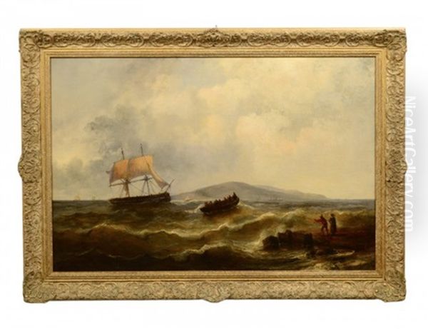 Coastal Marine Scene With Row Boat Crossing To A Masted Ship With Figures On The Shore Oil Painting by Josef Karl Berthold Puettner